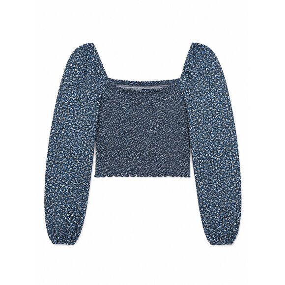 Gap Tops - Gap Crop Top Size XL Smocked Square Neck Blue Black Floral Long Sleeves Stretch